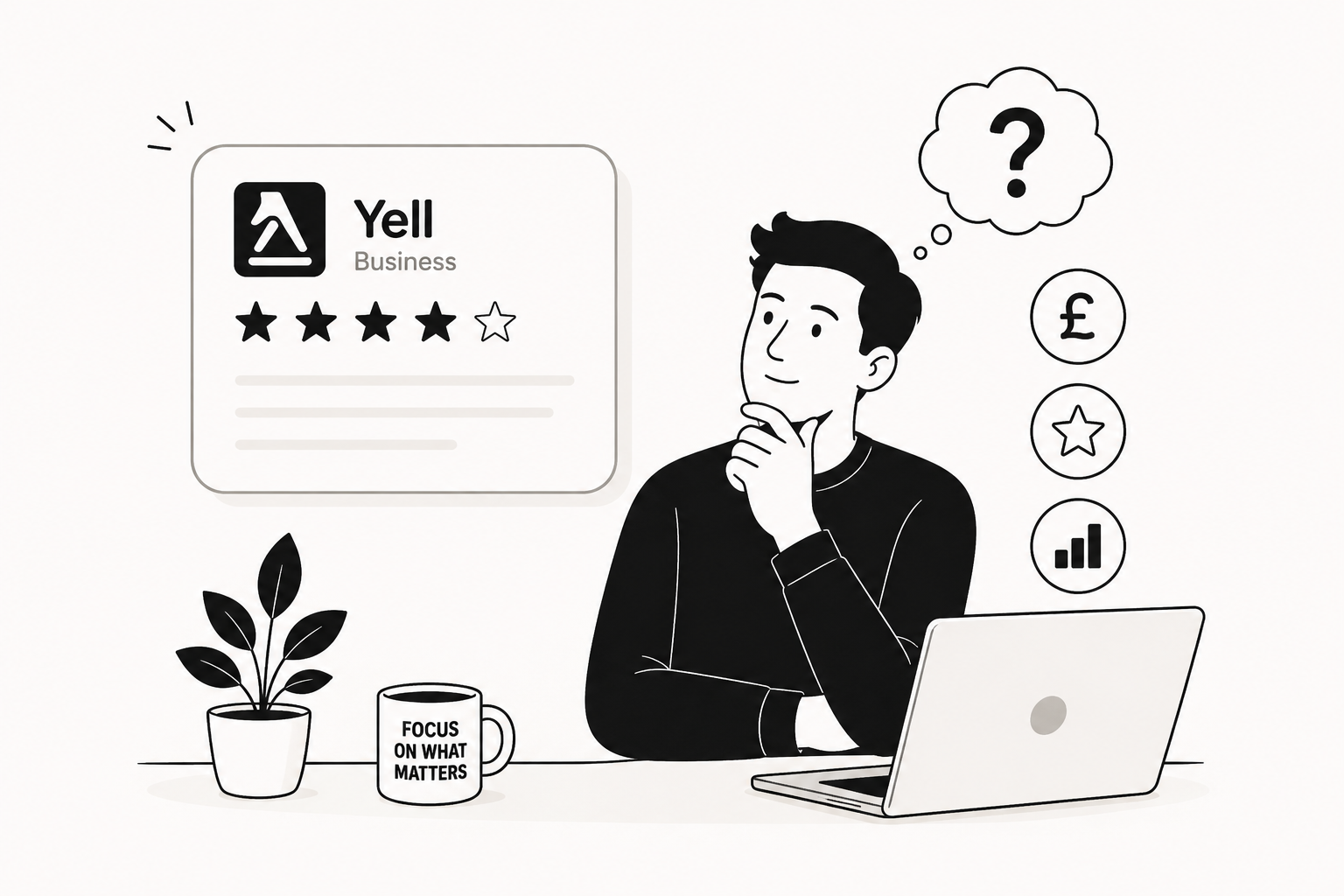 Small business owner reviewing a Yell Business listing with cost, reviews and growth icons