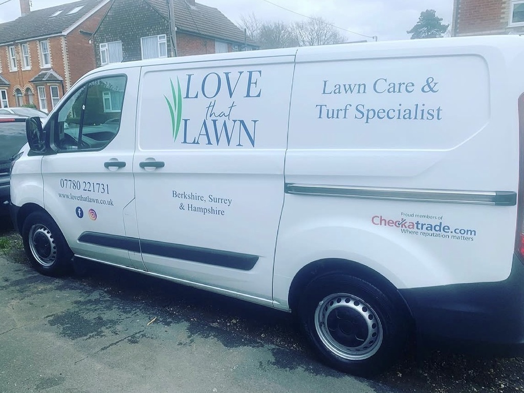 Love That Lawn signwritten van used by James D's garden services business in Surrey