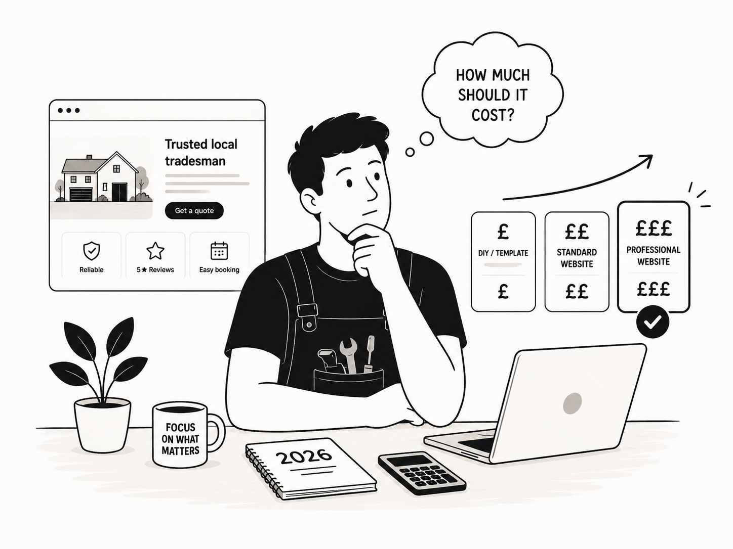 Tradesman comparing DIY, standard and professional website pricing tiers for 2026
