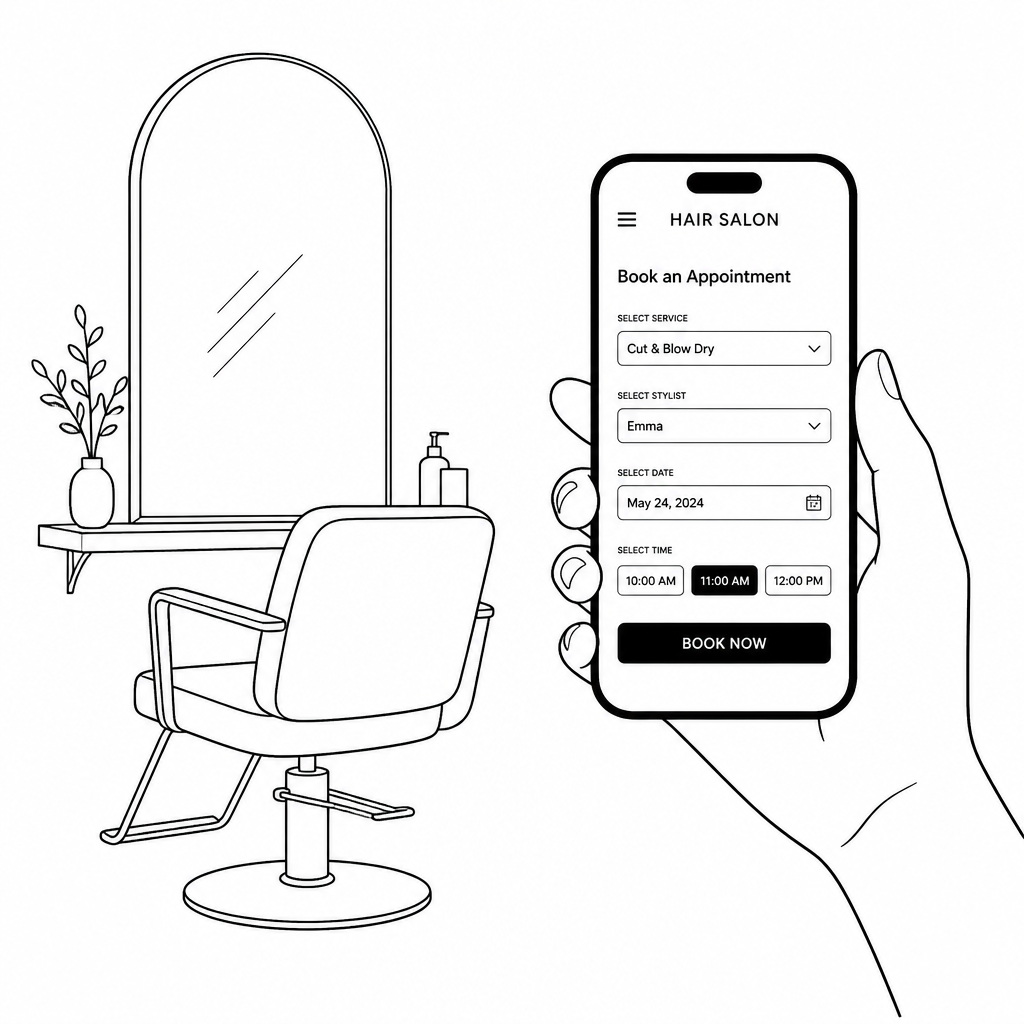 Line illustration of a salon chair beside a phone showing an online booking screen